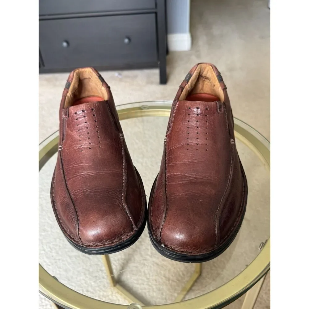 Clarks Unstructured Brown Leather Slip On Loafers Mens Size 10 Comfort Casual